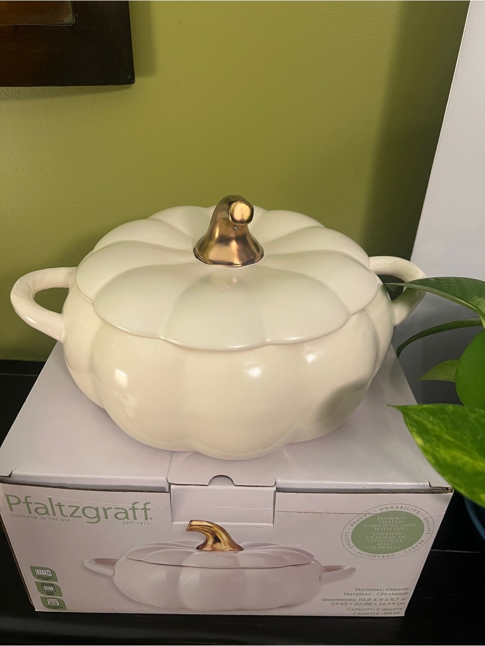 Brand New, Pfaltzgraff Cream Pumpkin Ceramic Casserole with Gold Stem, 2Q